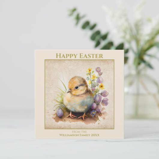 Happy Easter  Yellow Chick op persoonlijke titel Feestdagenkaart (Staand voorkant)
