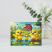 Happy Easter Yellow Chicks in a Pond by a Red Barn Briefkaart (Staand voorkant)