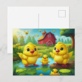Happy Easter Yellow Chicks in a Pond by a Red Barn Briefkaart (Voorkant / Achterkant)