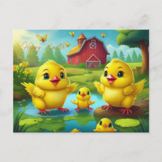Happy Easter Yellow Chicks in a Pond by a Red Barn Briefkaart