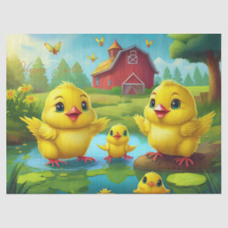 Happy Easter Yellow Chicks in a Pond by a Red Barn Tissuepapier