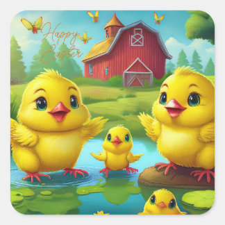 Happy Easter Yellow Chicks in a Pond by a Red Barn Vierkante Sticker