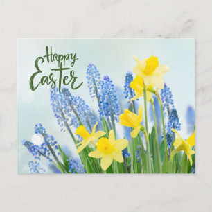 Happy Easter Yellow Daffodils en Blue Flowers Briefkaart