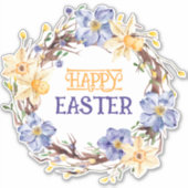 Happy Easter Yellow en Paarse Floral Wreate Sticker (Voorkant)