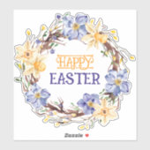 Happy Easter Yellow en Paarse Floral Wreate Sticker (Vel)