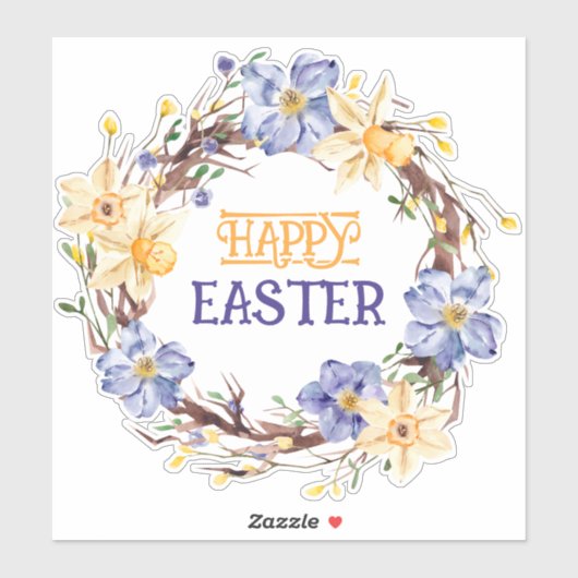 Happy Easter Yellow en Paarse Floral Wreate Sticker (Vel)