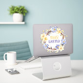 Happy Easter Yellow en Paarse Floral Wreate Sticker (Laptop op bureau)