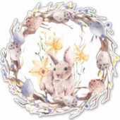 Happy Easter Yellow en Paarse Floral Wreate Sticker (Voorkant)