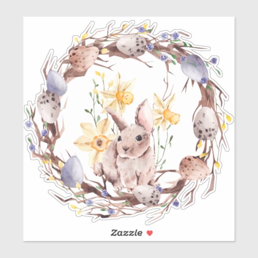 Happy Easter Yellow en Paarse Floral Wreate Sticker (Vel)