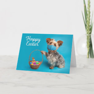 Happy Easter Yorkie hond in gezichtsmasker met man Feestdagen Kaart