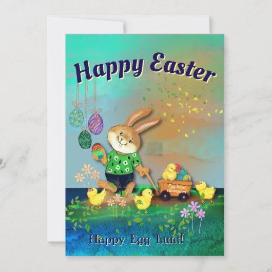 Happy Egg Hunt Bunny & Chicks Green Holiday Kaart (Voorkant)