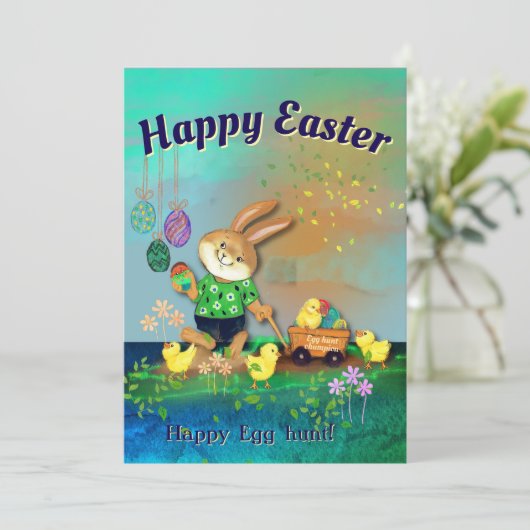 Happy Egg Hunt Bunny & Chicks Green Holiday Kaart (Staand voorkant)