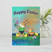 Happy Egg Hunt Bunny & Chicks Green Holiday Kaart (Staand voorkant)