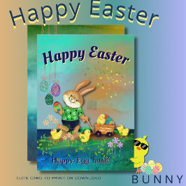 Happy Egg Hunt Bunny & Chicks Green Holiday Kaart