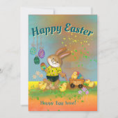 Happy Egg Hunt Bunny & Chicks Oranje Vakantie Kaar Feestdagenkaart (Voorkant)