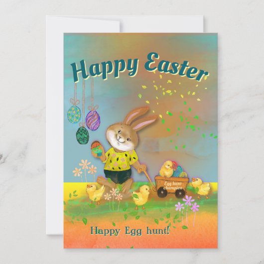 Happy Egg Hunt Bunny & Chicks Oranje Vakantie Kaar Feestdagenkaart (Voorkant)