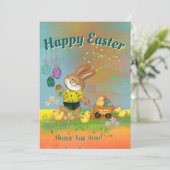 Happy Egg Hunt Bunny & Chicks Oranje Vakantie Kaar Feestdagenkaart (Staand voorkant)