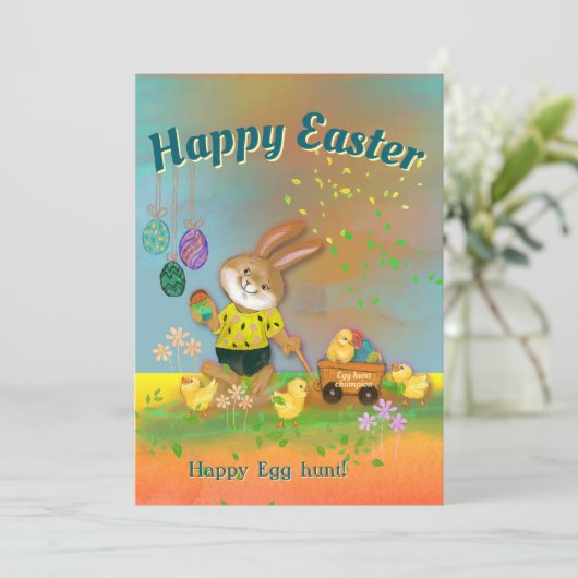 Happy Egg Hunt Bunny & Chicks Oranje Vakantie Kaar Feestdagenkaart (Staand voorkant)