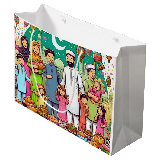 Happy Eid Family Grappig vieren van design Groot Cadeauzakje (Voorkant Gekanteld)