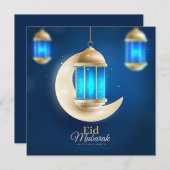 Happy Eid Gold Crescent Islamic Lantern Blue Feestdagenkaart (Voorkant / Achterkant)