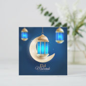 Happy Eid Gold Crescent Islamic Lantern Blue Feestdagenkaart (Staand voorkant)
