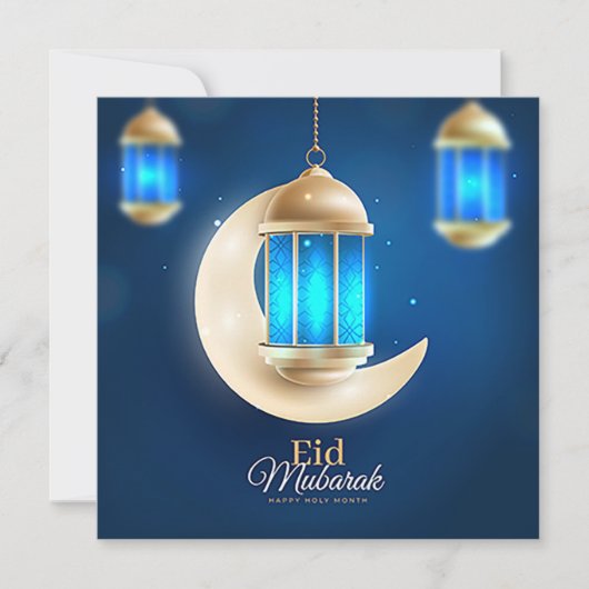 Happy Eid Gold Crescent Islamic Lantern Blue Feestdagenkaart (Voorkant)