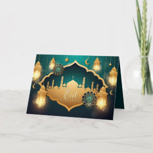 Happy Eid Gold Cresent Star Islamic Lantern Floral Feestdagen Kaart