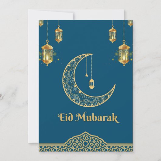 Happy Eid Mubarak Blauw en Gouden Halve Maan Feestdagenkaart (Voorkant)