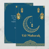Happy Eid Mubarak Blauw en Gouden Halve Maan Feestdagenkaart (Voorkant / Achterkant)