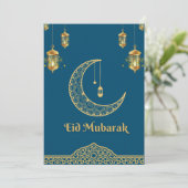 Happy Eid Mubarak Blauw en Gouden Halve Maan Feestdagenkaart (Staand voorkant)