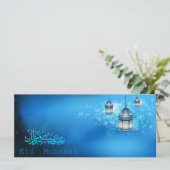 Happy Eid Mubarak Blauw en Wit Gloeiende Lantaarn Kaart (Staand voorkant)