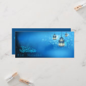 Happy Eid Mubarak Blauw en Wit Gloeiende Lantaarn Kaart (Voorkant / Achterkant in situ)