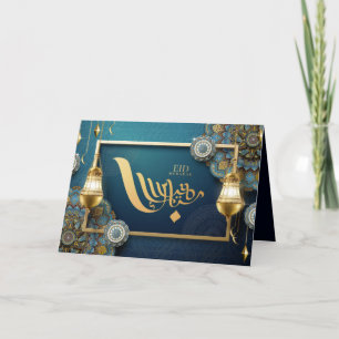 Happy Eid Mubarak Blauwgroen en Golden Calligrafie Kaart
