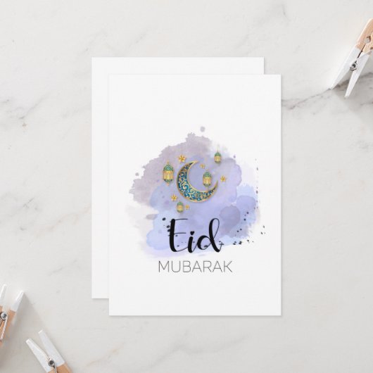 Happy Eid Mubarak Blue Blush Kaart (Voorkant / Achterkant in situ)