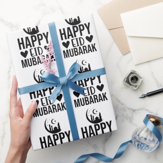 Happy Eid Mubarak Crescent Mosque Black White Cadeaupapier (Geschenken)