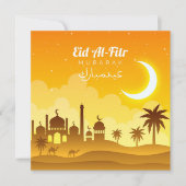Happy Eid Mubarak Crescent Mosque Camel Yellow Feestdagenkaart (Voorkant)