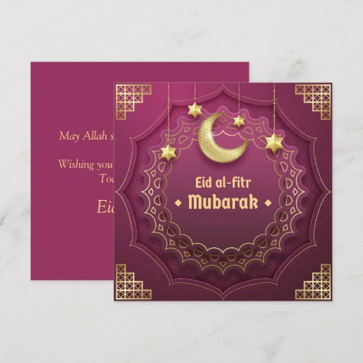 Happy Eid Mubarak Cresent Star Gold Paars Feestdagenkaart (Voorkant / Achterkant)