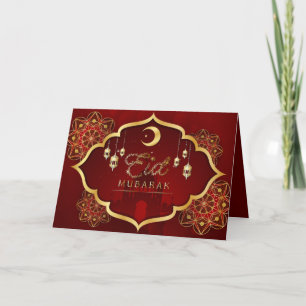 Happy Eid Mubarak Cresent Star Gold Red Floral Feestdagen Kaart