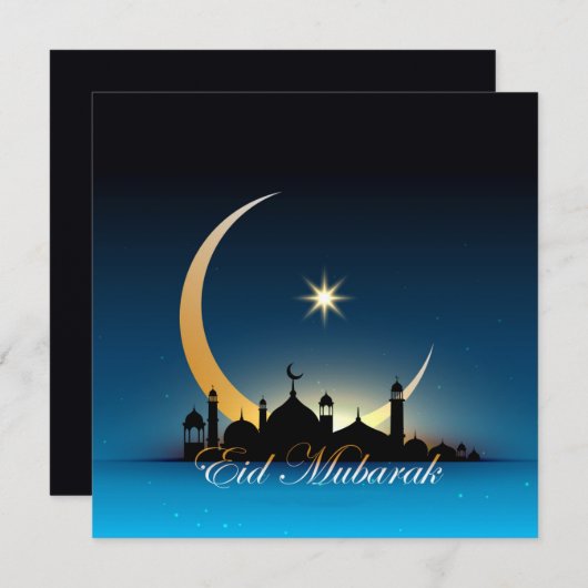 Happy Eid Mubarak Cresent Star Mosque zwart Blauw Feestdagenkaart (Voorkant / Achterkant)