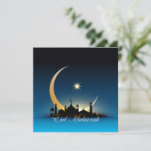 Happy Eid Mubarak Cresent Star Mosque zwart Blauw Feestdagenkaart (Staand voorkant)