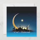 Happy Eid Mubarak Cresent Star Mosque zwart Blauw Feestdagenkaart (Voorkant)