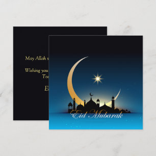 Happy Eid Mubarak Cresent Star Mosque zwart Blauw Feestdagenkaart