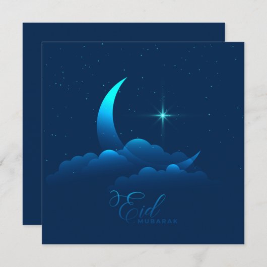 Happy Eid Mubarak Cresent Stars Cloud Blue Feestdagenkaart (Voorkant / Achterkant)