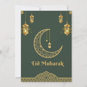 Happy Eid Mubarak Donkergroen en Gouden Halve Maan Feestdagenkaart