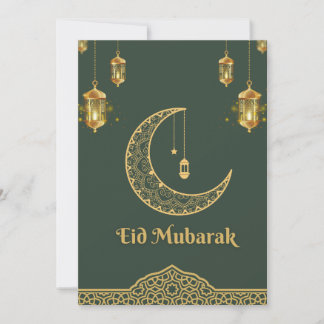 Happy Eid Mubarak Donkergroen en Gouden Halve Maan Feestdagenkaart