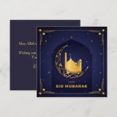 Happy Eid Mubarak Gold Crescent Star Mosque Blue Feestdagenkaart (Voorkant / Achterkant)
