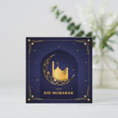 Happy Eid Mubarak Gold Crescent Star Mosque Blue Feestdagenkaart (Staand voorkant)