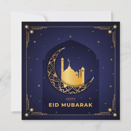 Happy Eid Mubarak Gold Crescent Star Mosque Blue Feestdagenkaart (Voorkant)