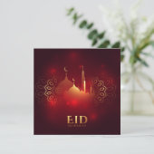 Happy Eid Mubarak Golden Crescent Mosque Red Feestdagenkaart (Staand voorkant)