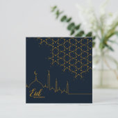 Happy Eid Mubarak-hoofdscherm Star Mosque Gold Blu Feestdagenkaart (Staand voorkant)